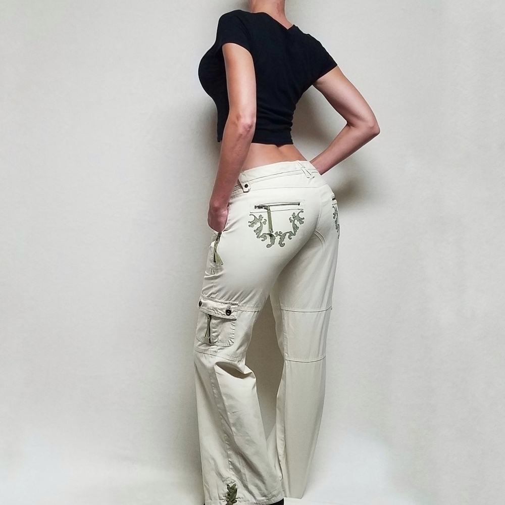 Rare Allyance ATG Grunge Cream Green Floral Low Rise Lace-up Flare Cargo Pants - Picture 3 of 16